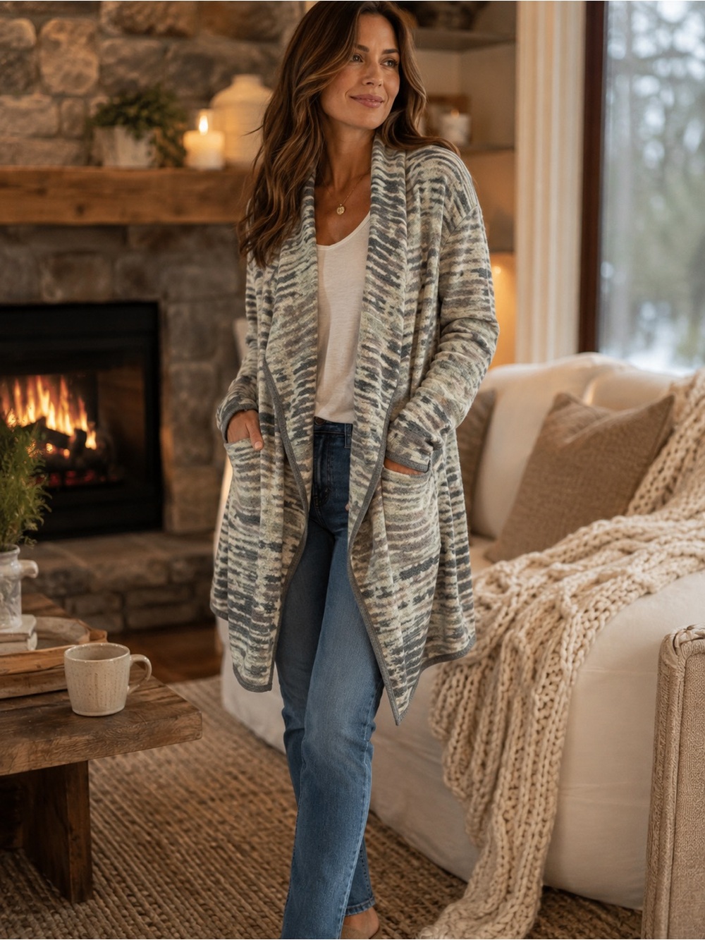 Lucky Brand medium Long Cardigan Sweater Wrap Gray Cream Boho Cozy Open Front
